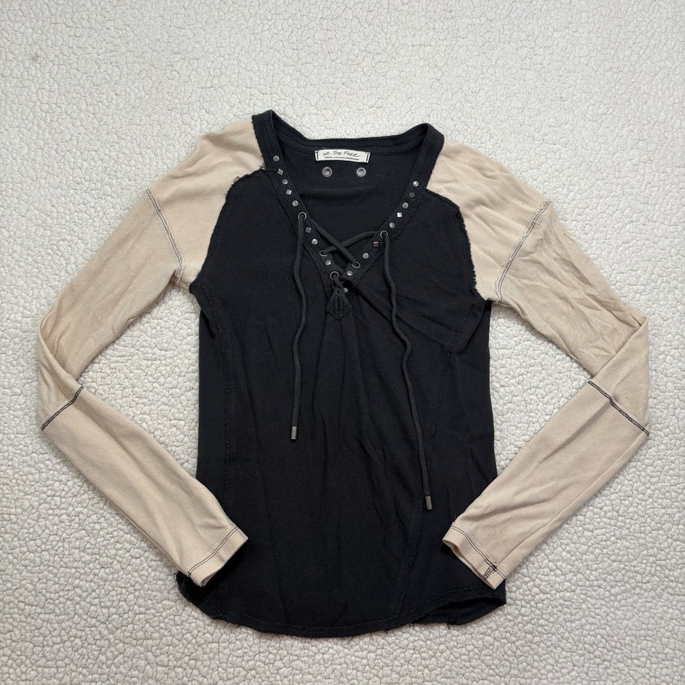 We The Free People Old School Henley Lace Up Thermal Raglan Sleeve Top Medium